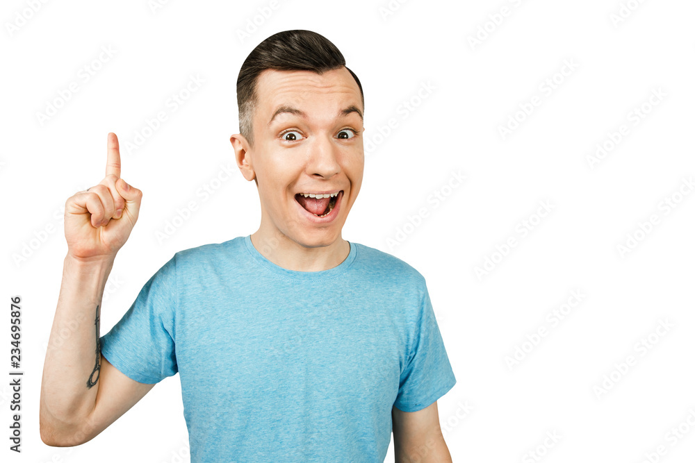 Portrait of young thinking guy with finger up isolated on a white background. Portrait of young thinking guy with finger up isolated on a white background.