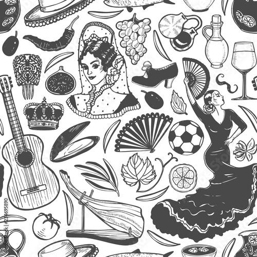 Pattern with Spanish Symbols in Hand-Drawn Style