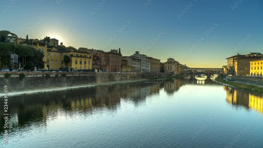 Wide Timelapse Shot Ponte Vecchio / Florence, Tuscany, Italy at Sunset. View of River. Wide Timelapse Shot Ponte Vecchio / Florence, Tuscany, Italy at Sunset. View of River.