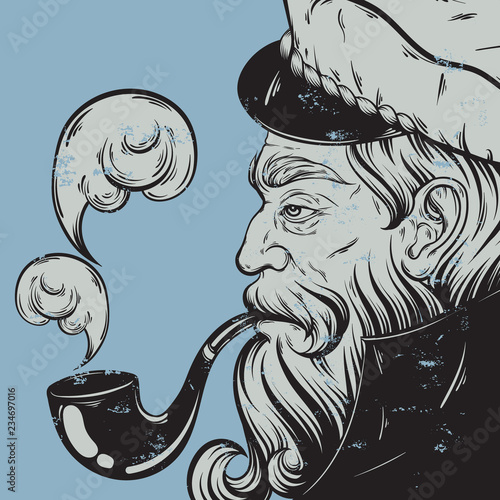 Vector hand drawn illustration of captain with pipe. Tattoo artwork in realistic style. Template for card, poster, banner, print for t-shirt, coloring books.