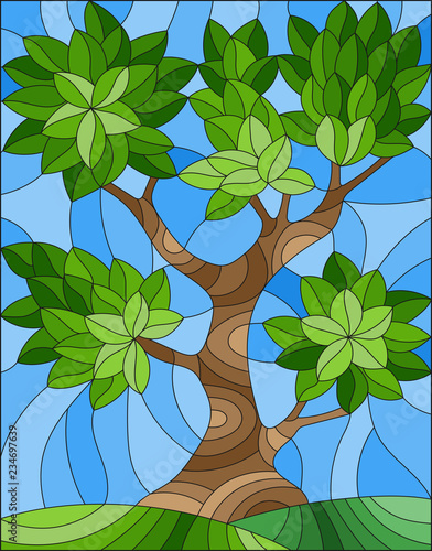 Illustration in stained glass style with abstract green tree on sky background and green hills 