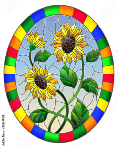 Fototapeta Naklejka Na Ścianę i Meble -  Illustration in stained glass style flower of sunflowers on a blue background in a bright frame,oval  image