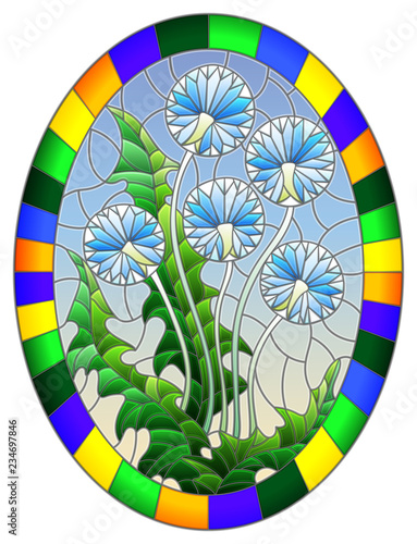 Fototapeta Naklejka Na Ścianę i Meble -  Illustration in stained glass style flower of  Taraxacums on a sky  background in a bright frame,oval  image