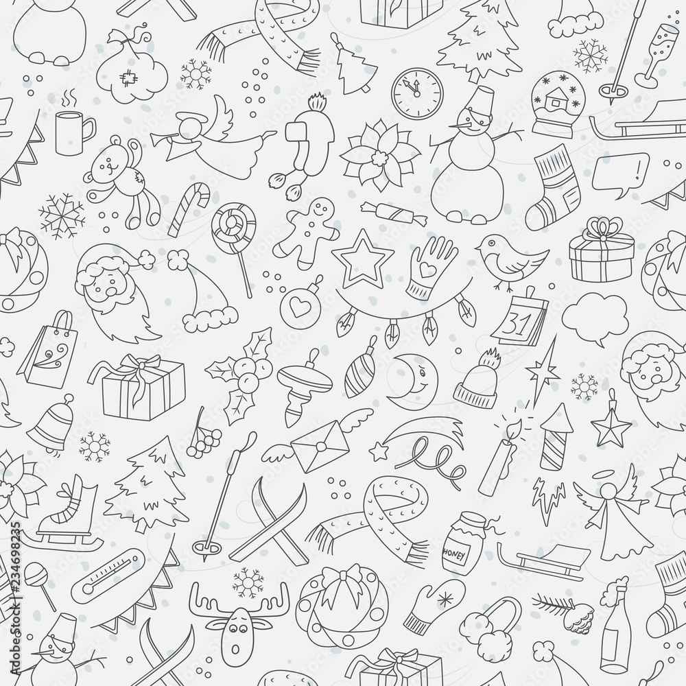 Seamless pattern on new year and Christmas theme with simple hand-drawn theme icons, dark simple outlines on white background