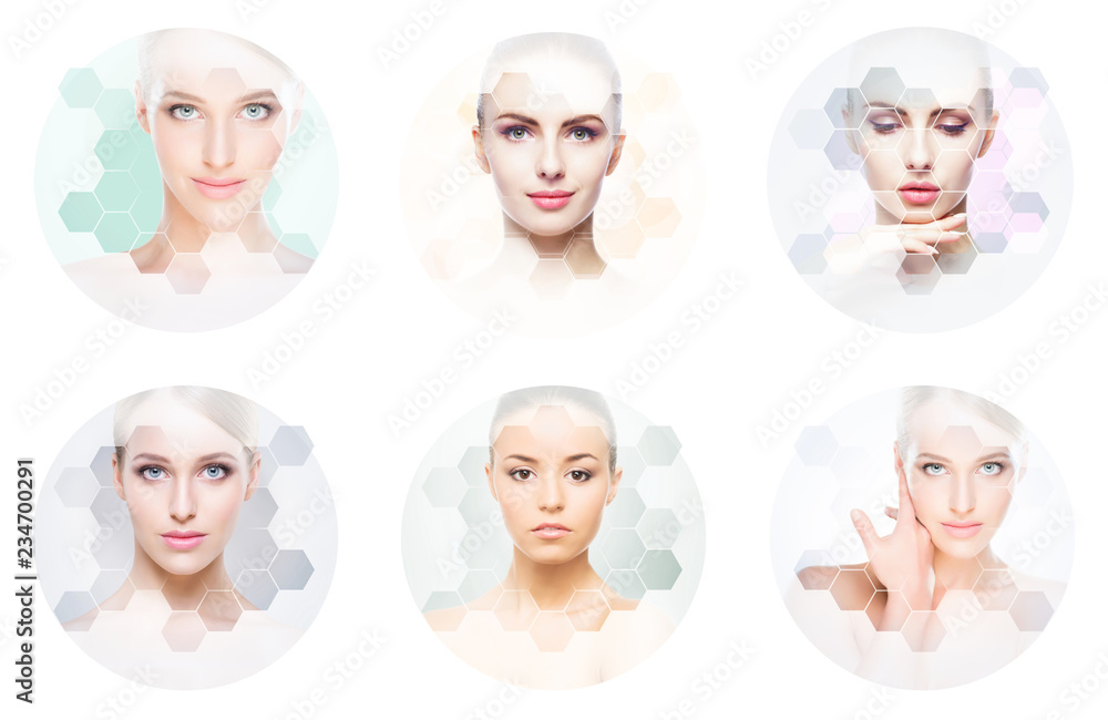 Beautiful face of young and healthy girl in collage. Plastic surgery, skin care, cosmetics and face lifting concept. Beautiful face of young and healthy girl in collage. Plastic surgery, skin care, cosmetics and face lifting concept.