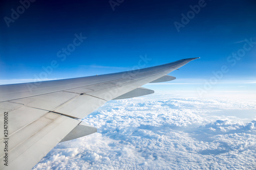 Aerial  or top view of amazing clear blue sky and cloud after sunrise and takeoff from airport from window view of airplane with airplane view during air transportation