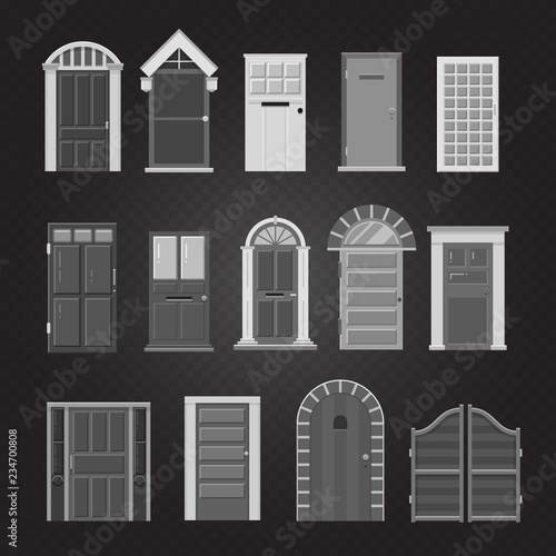 Grey front house doors of collection isolated on transparent background. Vector illustration