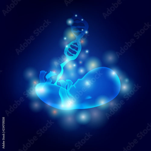 DNA fetus concept of medical advancement, unborn child with dna shape relating health-care theme