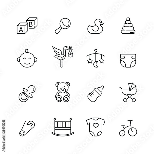 Baby related icons: thin vector icon set, black and white kit