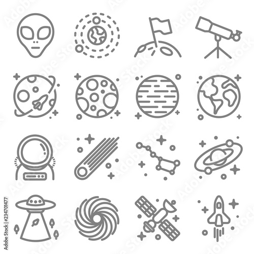 Space vector line icon set. Including Alien, Galaxy, Spaceship, Astronaut and more with expanded stroke