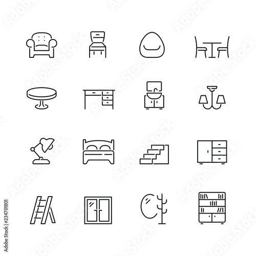 Furniture related icons: thin vector icon set, black and white kit