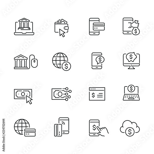 Online banking related icons: thin vector icon set, black and white kit