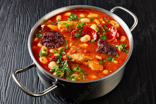 hearty Fabada Asturiana Bean Stew, close-up