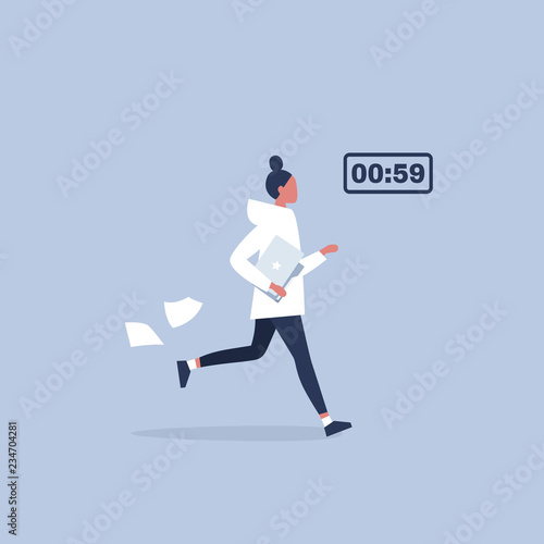 Deadline, conceptual illustration. Young female running character holding a folder. Timer. Flat editable vector, clip art