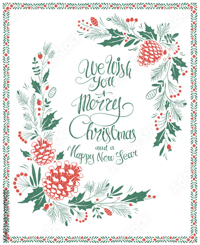 Vintage Christmas Greeting Card with Hand-drawn Floral Adornment and Congratulatory Inscription