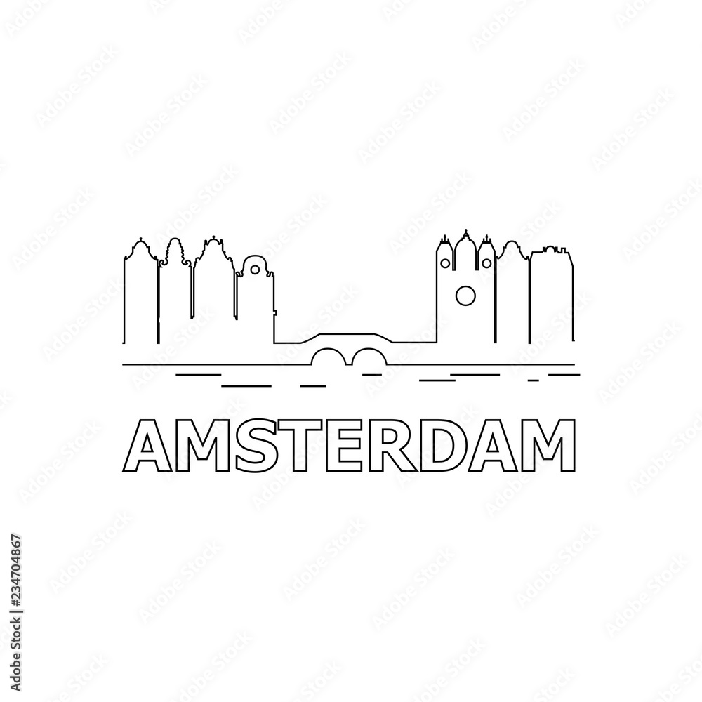 Amsterdam skyline and landmarks silhouette black vector icon. Amsterdam panorama. Netherlands