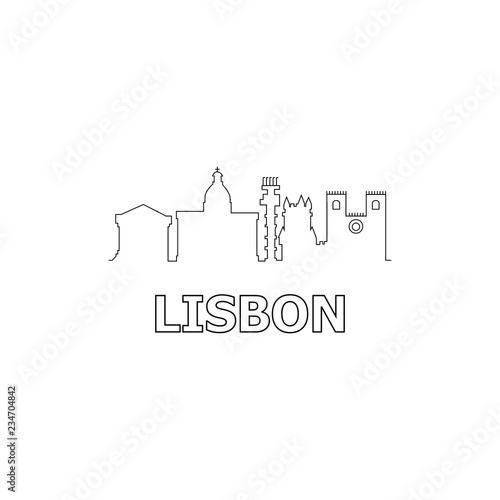 Lisbon skyline and landmarks silhouette black vector icon. Lisbon panorama. Portugal