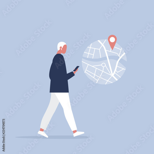Young male character using a navigational app. Map and geo tag. Millennials and devices. Flat editable vector illustration, clip art