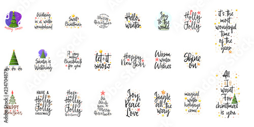 Slogans for the new year. Christmas posters for an interior or for t-shirts. Modern style calligraphy and lettering 3d stars.