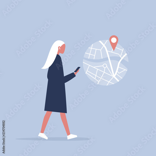 Young female character using a navigational app. Map and geo tag. Millennials and devices. Flat editable vector illustration, clip art