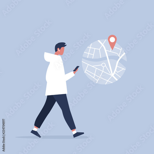 Young male character using a navigational app. Map and geo tag. Millennials and devices. Flat editable vector illustration, clip art