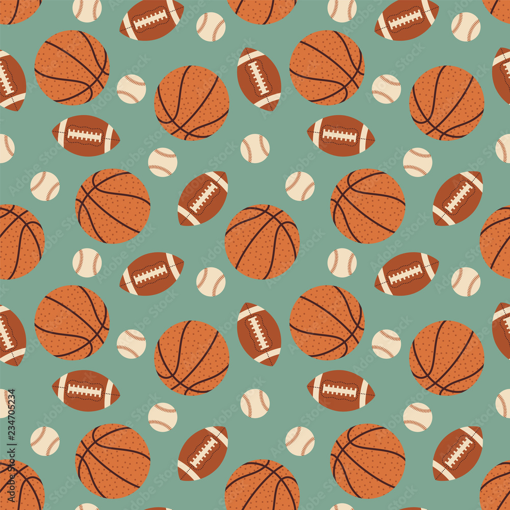 American football, baseball & basketball pattern, seamless vector repeat on plain background. Trendy flat illustration style. Retro colored games & sports design elements.