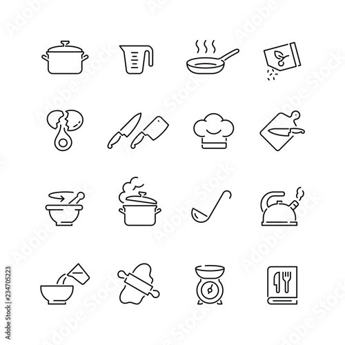 Cooking related icons: thin vector icon set, black and white kit