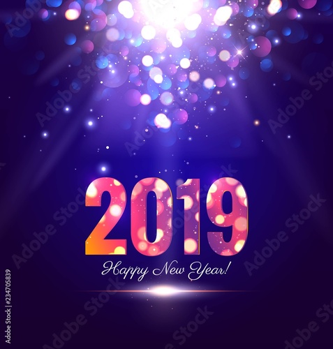 Happy new year 2019 sparkling background with magic lights. Vector illustration