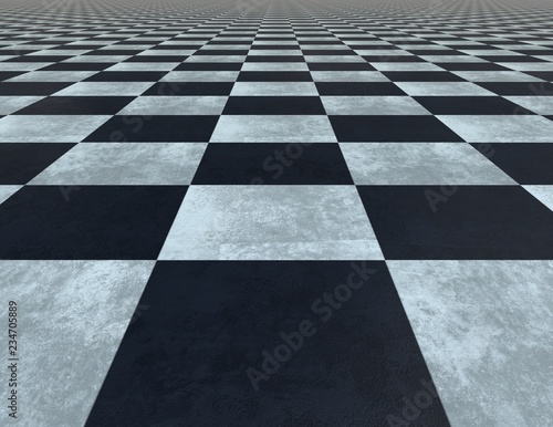 Black and white tiled 3d checkered floor with grain and scratches texture.
