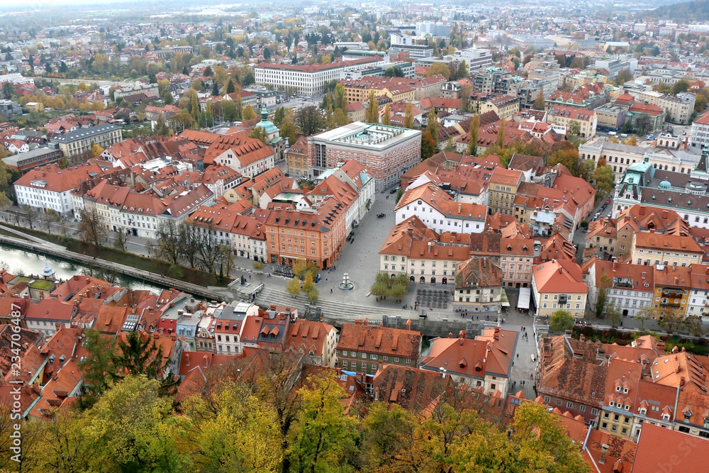 Aerial view of central Ljubljana, capital of Slovenia with picturesque architecture. 