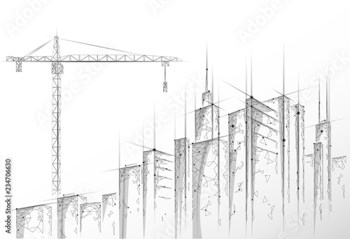 Low poly building under construction crane. Industrial modern business technology. Abstract polygonal geometric 3D cityscape urban silhouette. High tower skyscraper white gray vector illustration