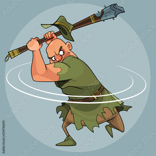 cartoon man in medieval clothes swings a mace