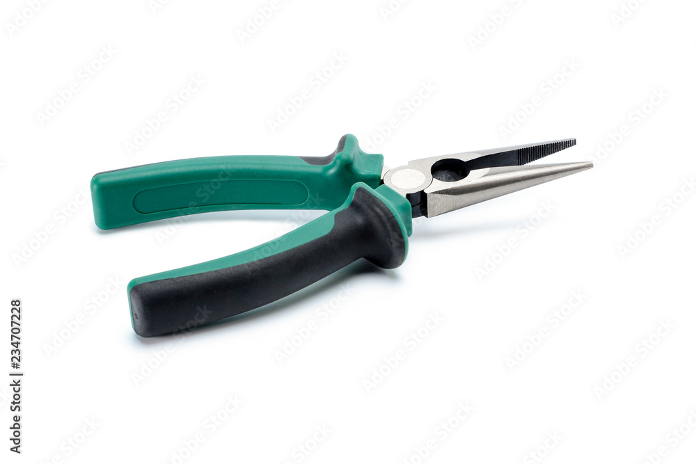 Long nose pliers with black and green isolated handles on white background. Tool isolated on white, side view. Long nose pliers with black and green isolated handles on white background. Tool isolated on white, side view.