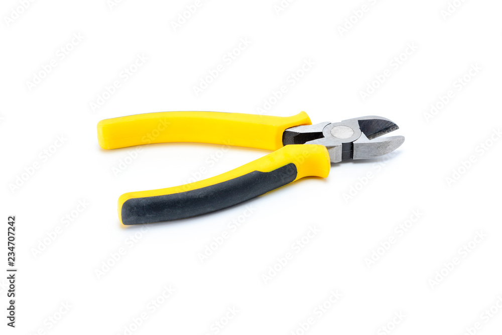 Side cutters with black and yellow isolated handles on white background. Tool isolated on white, side view. Side cutters with black and yellow isolated handles on white background. Tool isolated on white, side view.