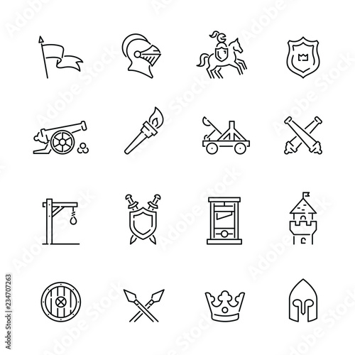 Medieval related icons: thin vector icon set, black and white kit