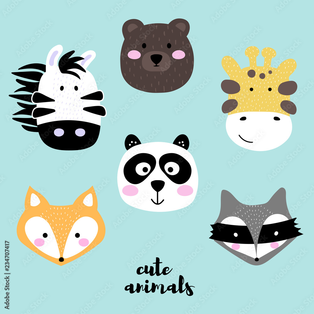 Collection of cute animal faces. Set of creative animal print ...