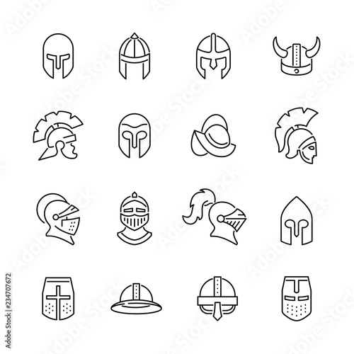 Knight helmet related icons: thin vector icon set, black and white kit