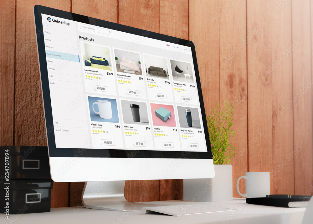 modern workspace with computer online shop website design