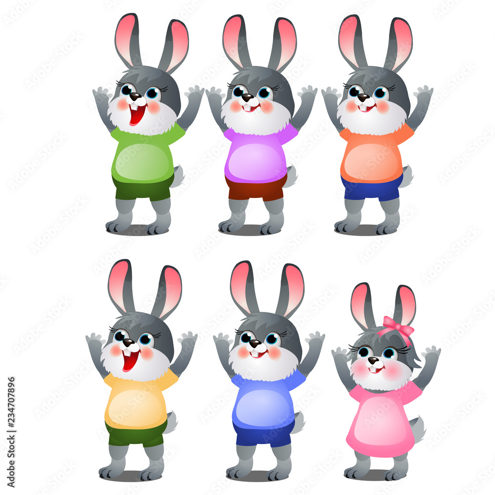 Naklejka premium A set of animated happy little bunnies in clothes isolated on white background. Vector cartoon close-up illustration.