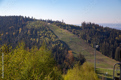 the ski slope with the cable car in summer in Schöneck in the Vogtland region .