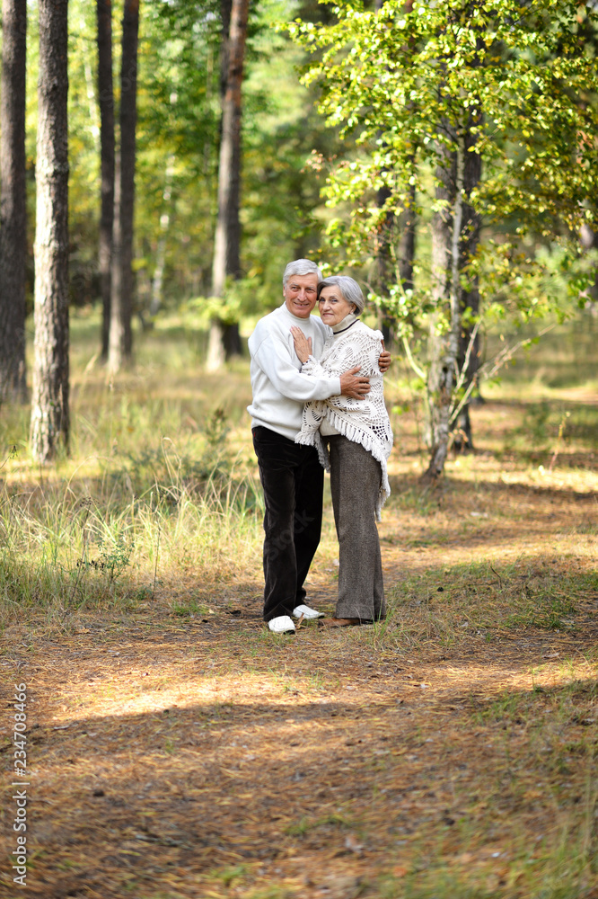 Portrait of old couple walk in autumn park Portrait of old couple walk in autumn park