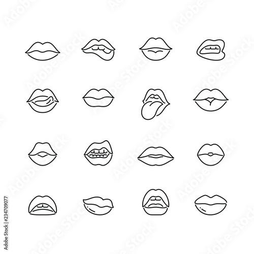 Lips and mouth related icons: thin vector icon set, black and white kit