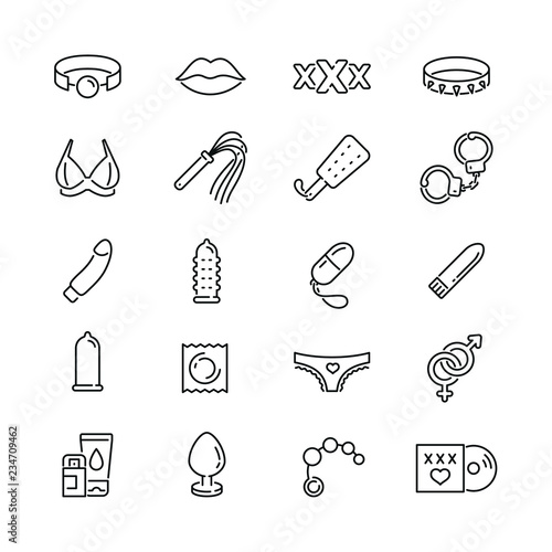 Sex shop related icons: thin vector icon set, black and white kit