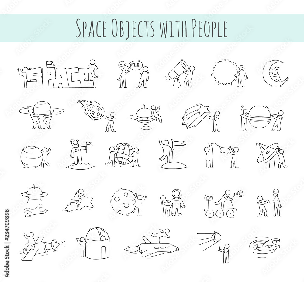 f sketch little people with space objects.