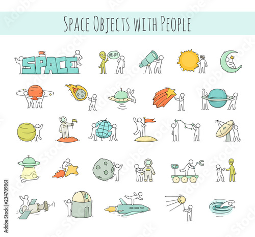 set of sketch little people with space objects.