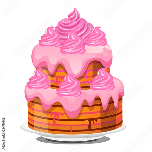 Festive layered biscuit cake covered with whipped cream isolated on white background. Sketch for greeting card, festive poster, party invitation. Vector cartoon close-up illustration.