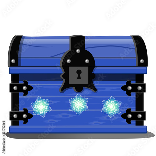 Vintage wooden chest with wrought metal hinges and patterns in the form of snowflakes isolated on white background. Vector cartoon close-up illustration.