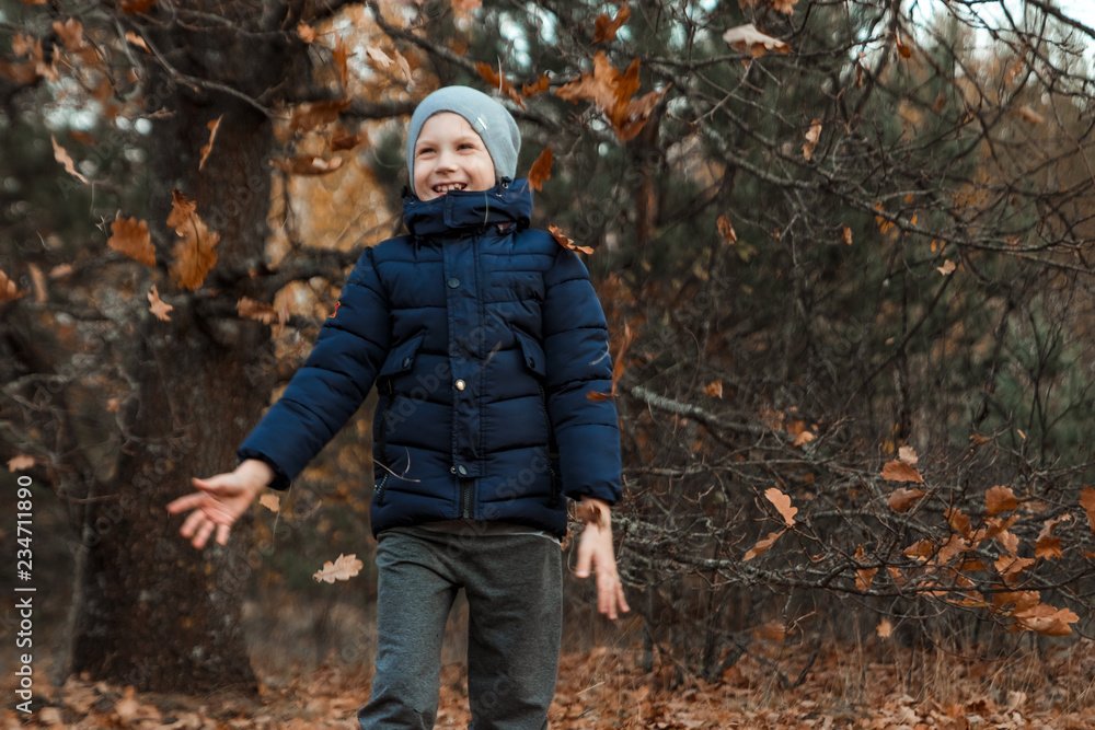 A pile of autumn, yellow foliage, a child, a boy playing with foliage in a park, throws up leaves. Concept autumn, yellow leaves, autumn mood. Copy space. A pile of autumn, yellow foliage, a child, a boy playing with foliage in a park, throws up leaves. Concept autumn, yellow leaves, autumn mood. Copy space.