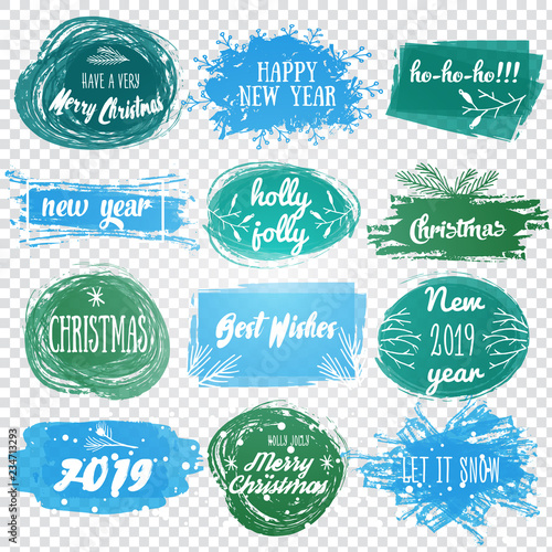 Labels with Christmas and New Years designs. Decorative tags and elements set for holiday lettering design .Vector illustrated Christmas stamp logo.
