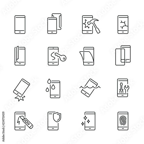 Smartphone protection related icons: thin vector icon set, black and white kit
